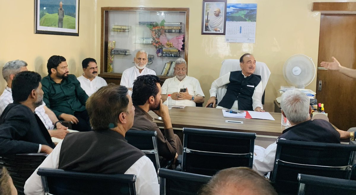 Chairman DPAP Ghulam Nabi Azad chaired a meeting of office bearers from Kashmir province at the party headquarters in Srinagar today to discuss future strategy and gather suggestions. Azad stressed the importance of uniting the cadre and continuing to raise public issues.