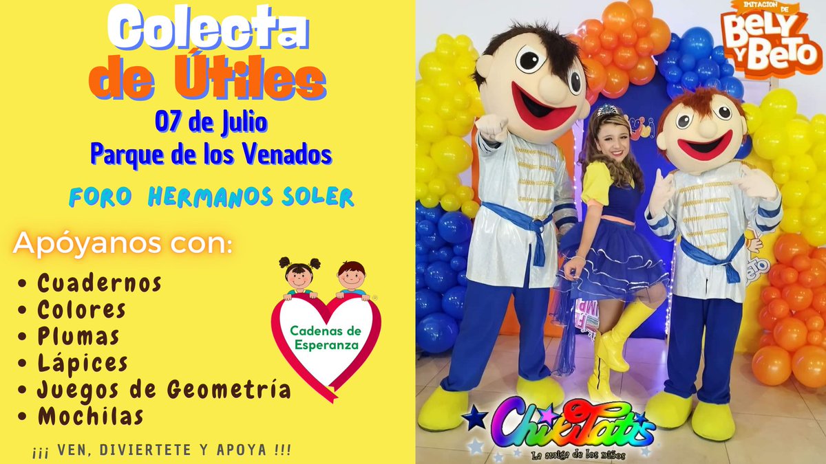 Este 07 de julio te espera <a href="/ChikiTatis/">ChikiTatis</a>, con baile, alegría y mucha diversión en el Foro Soler en el parque de  los venados durante la Colecta de Útiles Escolares en favor de niños de comunidades rurales.
En la conducción del programa estará  <a href="/ponchoclara/">Alfonso Clara</a>