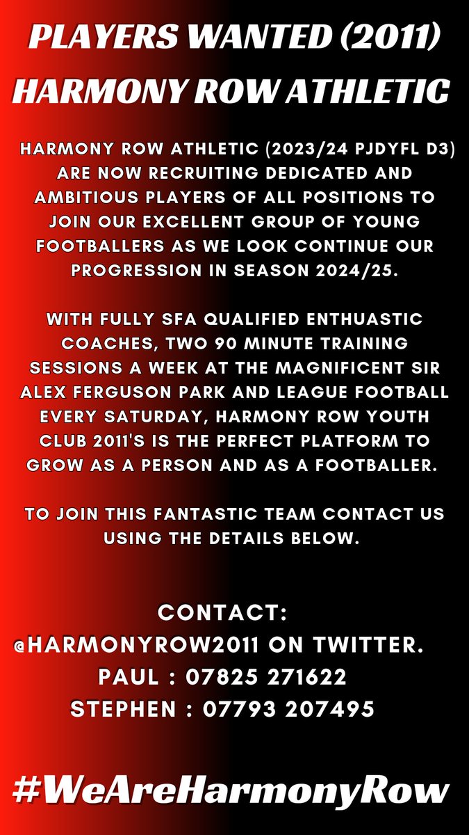 HarmonyRow2011's tweet image. Both our teams are looking to add to their groups.
United are looking for Advanced players. Athletic looking for Advanced / Intermediate.

Get it touch with the guys listed on the fliers.

#WeAreHarmonyRow