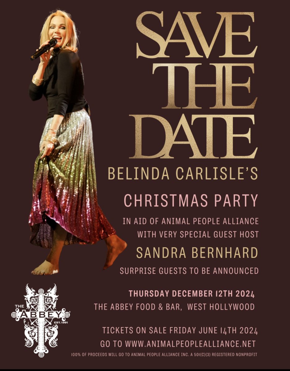 belindacarlisle's tweet photo. Thursday, December 12, 2024 Is my Animal People Alliance fundraiser Christmas
celebration. I will be performing during the event which will be guest hosted by Sandra Bernhard.

Pricing starts from $95 General Admission / $275 Admission and Meet &amp; Greet 🌞On sale this Friday!🌞 https://t.co/ctFdteSuNR