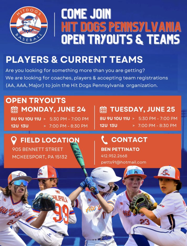 HitDogsPA's tweet photo. PA Tryouts Posted….Sign Up Today!
#@HitDogsPA
#@official_hitdog 

https://t.co/hoYA4mQNlK https://t.co/cBMjnvvnCN