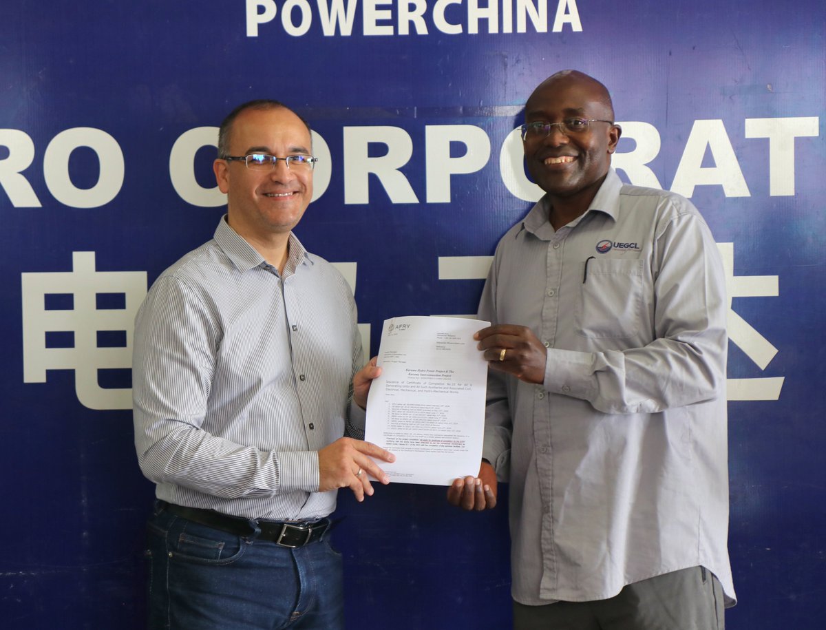 UegclOfficial's tweet photo. Breaking News!! 

Certificate of Completion issued for the Karuma HPP (600 MW). 

Today, the Minister of State for Energy - @HonOkaasai handed over the Certificate of Completion to the contractor - Sinohydro, marking a major milestone in Uganda's transformative energy journey. https://t.co/a7QnsllxC4