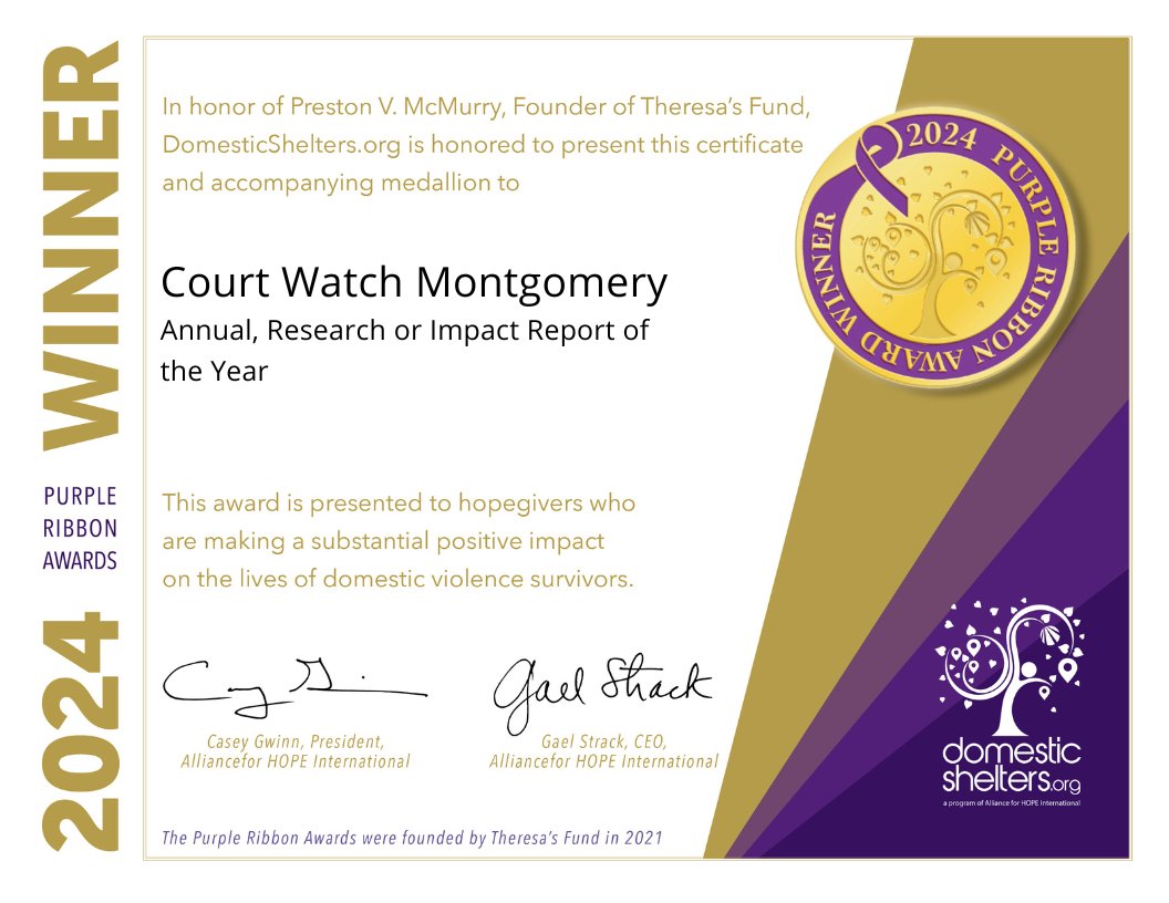 Tune in to The Purple Ribbon Awards Virtual Celebration tomorrow, June 13th, from 5-6 PM EST! Court Watch Montgomery won an award in the category of Annual, Research, or Impact Report of the Year. Register at bit.ly/2024PRA
