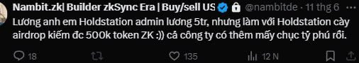 _memeshunter's tweet photo. This is the post from @HoldstationW founder, he said many staffs of the company get airdrop 500k $zk token from muti- accounts, maybe insider leak airdrop requirements  for them.
@the_matter_labs @zksync @TheZKNation 

#zkscam https://t.co/Q5D9mP25KP