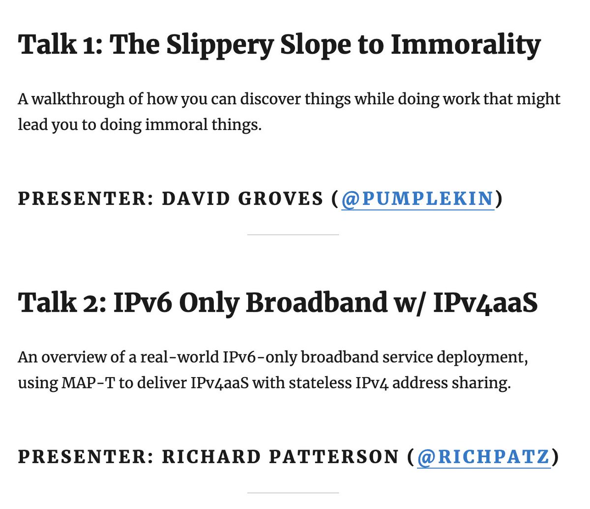 netldn's tweet photo. Tomorrow at #NetLdn we have @pumplekin giving a very intriguing talk indeed, followed by @RichPatz on delivering #IPv6 only broadband with #IPv4aaS https://t.co/VNTxN2o0FC