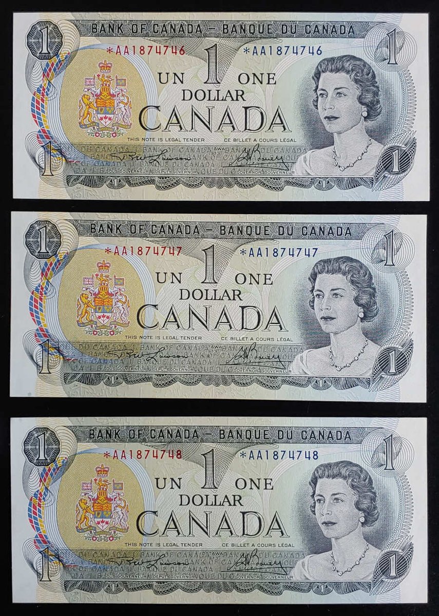 AllNations1949's tweet photo. Canada #BC46aA 3 consecutive Gem Unc 1973 Prefix *AA $1 Bills $60 Lot 211 in our auction Saturday 15th June 2024 #$1BankNotes #BankNoteSet #BankNotes #SerialNumbers
https://t.co/hbPWl0xggK https://t.co/uDfvI1qe1t