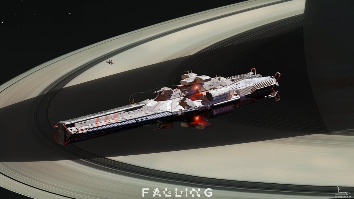 Z7000k's tweet image. #b3d 
#conceptart 
#FallingFrontier 
A lonely Strategic Reserve frigate undergoing ISI while holding position near a THEIA sensor platform. It&apos;s not as lonely as it looks, of course. Any ship bearing Titan livery this close to Saturn has lot of friends loitering nearby.