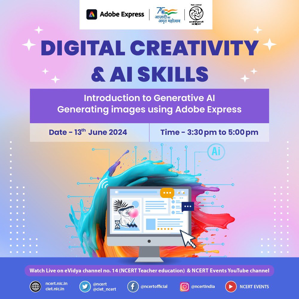 NCERT, under the aegis of the Ministry of Education, Government of India, in collaboration with Adobe India, presents a pioneering online training program. 
Discover the power of Adobe Express and bring digital creativity skills into your classroom!
Introduction to generative AI