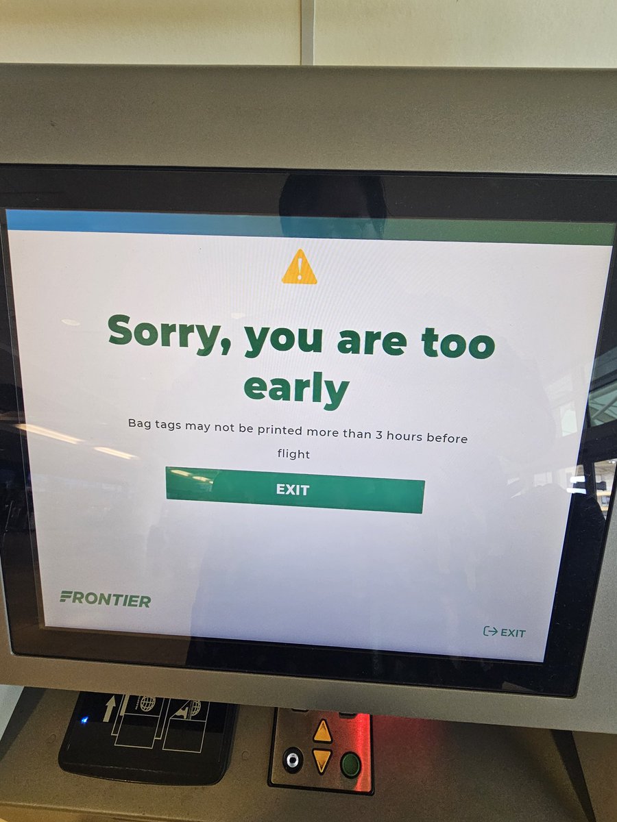 cupofjoe's tweet photo. @FlyFrontier Seriously, Frontier? You're an airline, maybe don't be so tone deaf. Making your passengers wait to tag bags when we all know how long TSA wait times can be is not a good look. https://t.co/PdBcSpnMij