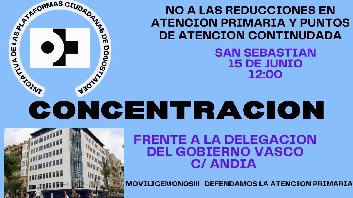 OLATU TXURIA (@olatutxuria) on Twitter photo Sin medicos!! para que esto no suceda no queda otra que salir a la calle os esperamos el sabado
📢 Concentracion / Elkarterratzea
📅Sabado 15 de Junio / Larunbata Ekainak 15
📌Andia kalea
🕛 12:00
<a href="/opaherriplataf/">opaherriplataformak</a> <a href="/DOPA_Donostia/">D⭕️PA ◽️ Donostialdea Osasun Publikoaren Alde</a> <a href="/donosti_tik/">Donostitik</a> <a href="/NotGip/">Noticias de Gipuzkoa</a> <a href="/berria/">Berria.eus</a> <a href="/euskaltelebista/">ETB</a> Sin medicos!! para que esto no suceda no queda otra que salir a la calle os esperamos el sabado
📢 Concentracion / Elkarterratzea
📅Sabado 15 de Junio / Larunbata Ekainak 15
📌Andia kalea
🕛 12:00
<a href="/opaherriplataf/">opaherriplataformak</a> <a href="/DOPA_Donostia/">D⭕️PA ◽️ Donostialdea Osasun Publikoaren Alde</a> <a href="/donosti_tik/">Donostitik</a> <a href="/NotGip/">Noticias de Gipuzkoa</a> <a href="/berria/">Berria.eus</a> <a href="/euskaltelebista/">ETB</a>