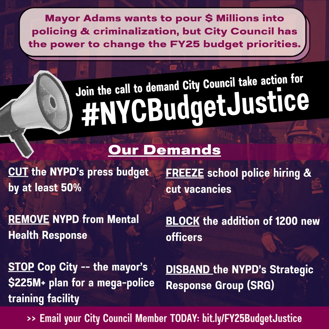 ⚡️Act now!⚡️

Call on the <a href="/NYCCouncil/">New York City Council</a> to act for #NYCBudgetJustice! NYC must invest in communities, NOT expand the $12B NYPD budget. 

▶️▶️▶️ Cut #NYPD’s press budget by 50%, remove NYPD from mental health response, #DisbandSRG, and block the creation of NY Cop City