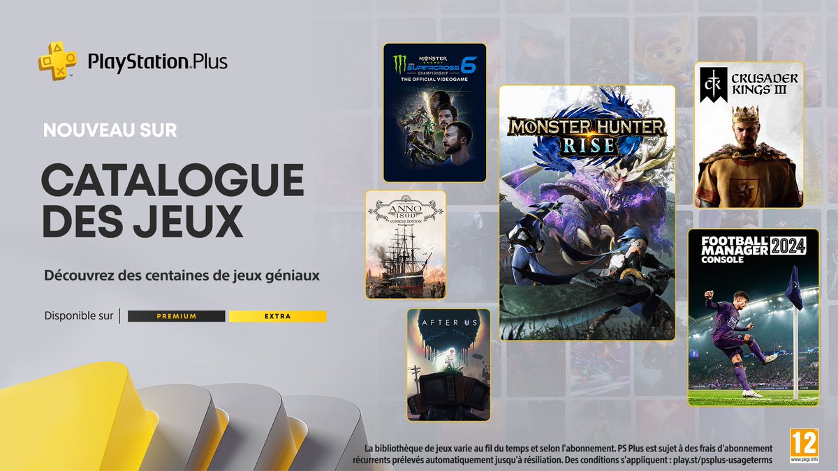 14 jeux rejoignent le catalogue de jeux PlayStation Plus Extra et Premium le 18 juin.

Voici la liste :
- Monster Hunter Rise
- Football Manager 2024
- Crusader Kings III
- Monster Energy Supercross - The Official Videogame 6 
- After Us 
- Anno 1800 
- Police Simulator: Patrol