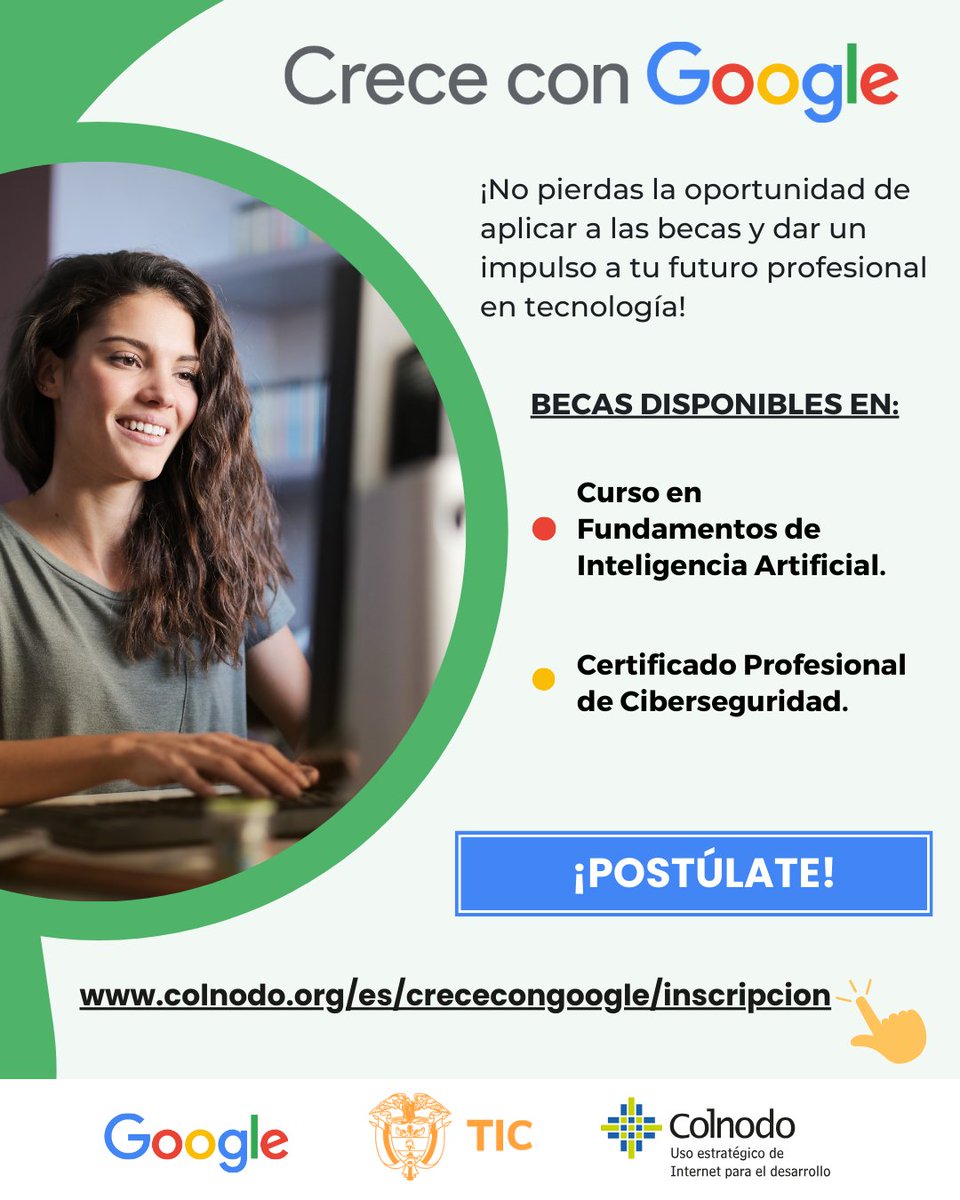 SaldarriagaConc's tweet photo. ¿Eres una persona con #Discapacidad y te gustaría formarte en Inteligencia Artificial y Ciberseguridad? ¡Esta es tu oportunidad! Participa en la convocatoria 'Crece con Google' de @GoogleColombia, @Ministerio_TIC y @Colnodo.

Conoce más e inscríbete👉https://t.co/3WSC00FrXM https://t.co/pIl7yjr65n