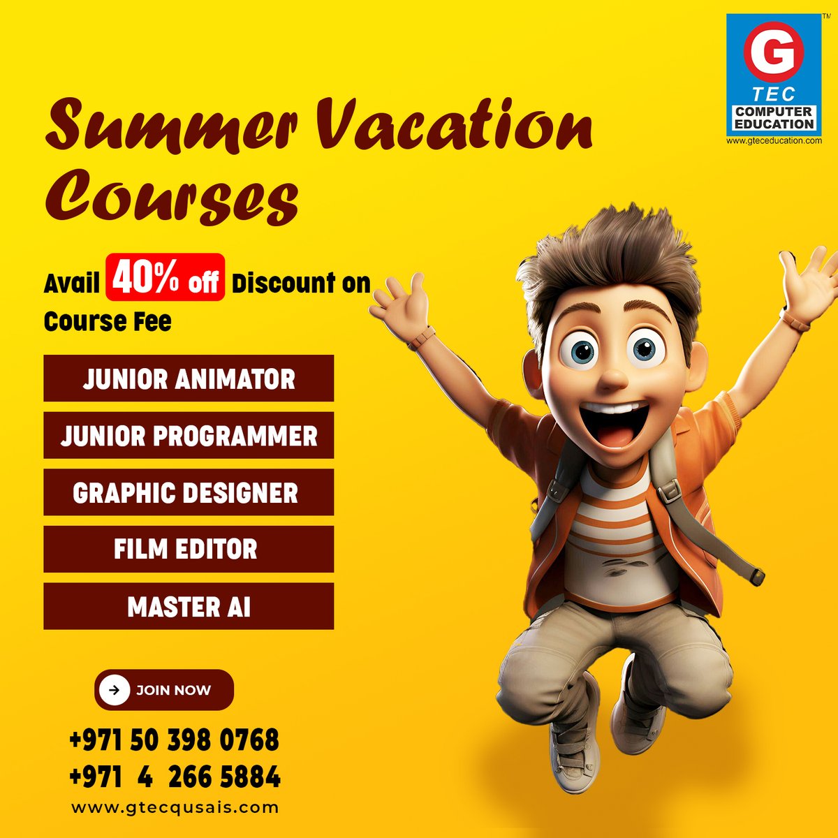 gtec_alqusais's tweet image. Join Summer Vacation Courses at G-TEC Education Dubai!

Unlock your potential with a 40% discount on the following exciting courses:

For more information, visit our website or contact us at:
+971 50 398 0768 | +971 4 266 5884 
go to gtecqusais.com

#Junioranimator