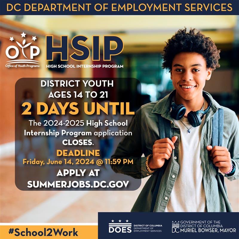 DOES_DC's tweet photo. 👋 Hey DC!

There are two days until the 2024-2025 High School Internship Program application closes!

The application deadline is Friday, June 14, 2024, at 11:59 PM.

Apply today at https://t.co/eynxpCuuBM.

#HSIP #School2Work https://t.co/CBGoBCM6Uz