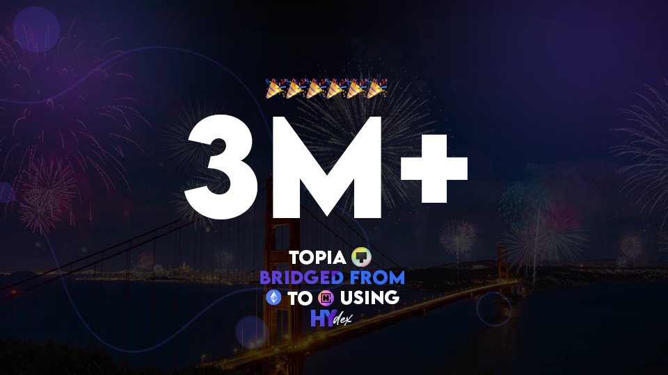 hytopiadex's tweet photo. 🎉🎉🎉

Users have bridged 3,000,000+ $TOPIA from ETH to Hychain using Hydex Instant Bridge!

🏆 A major milestone for the Hydex platform. 

https://t.co/Rqadj9RJlH - A platform that strives to solve ecosystem pain.

👉 Official stat can be viewed here: https://t.co/L1cJyHPIEw