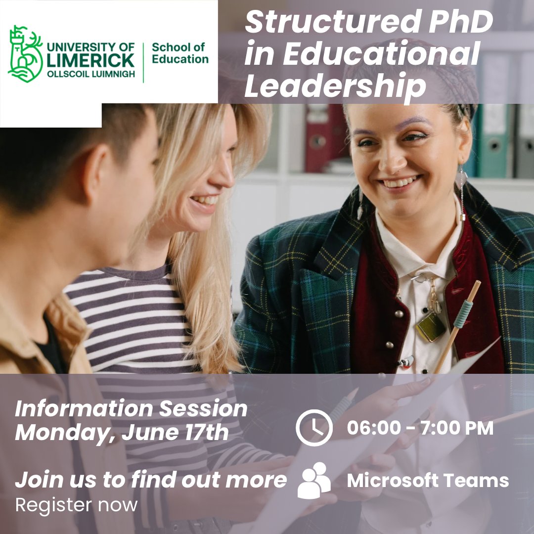 Want to find out more about the newly launched SPhD in Educational Leadership? Register here for our online information session:  tinyurl.com/yrhypfmz #edchatie #UL #SPhD