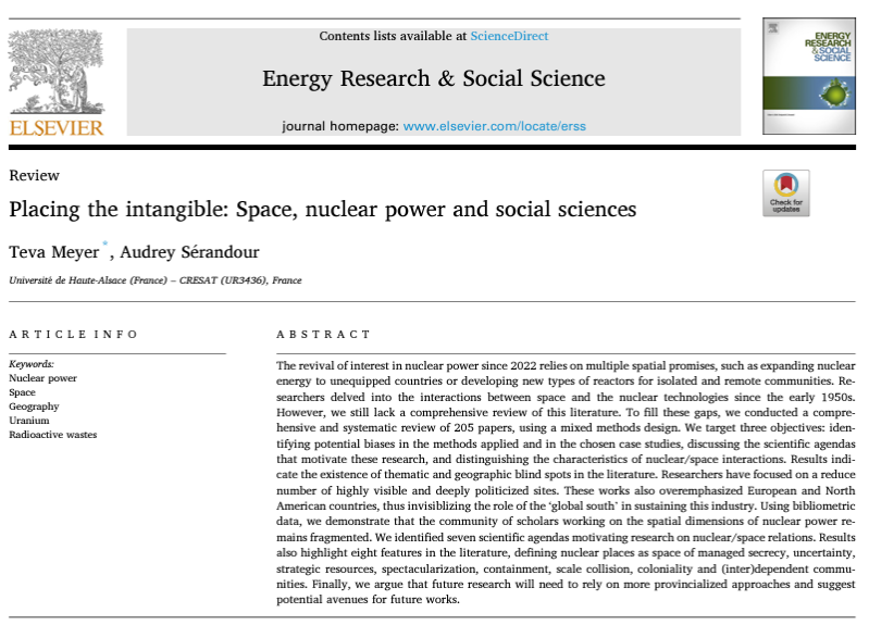 Nouvel article dans Energy Research &amp; Social Sciences ! Comment les sciences humaines ont-elles traitées des interactions entre l’énergie nucléaire et l’espace ? Avec A. Sérandour, nous analysons 70 ans de recherche sur le nucléaire pour y répondre <a href="/UHA68/">UHA</a>
sciencedirect.com/science/articl…