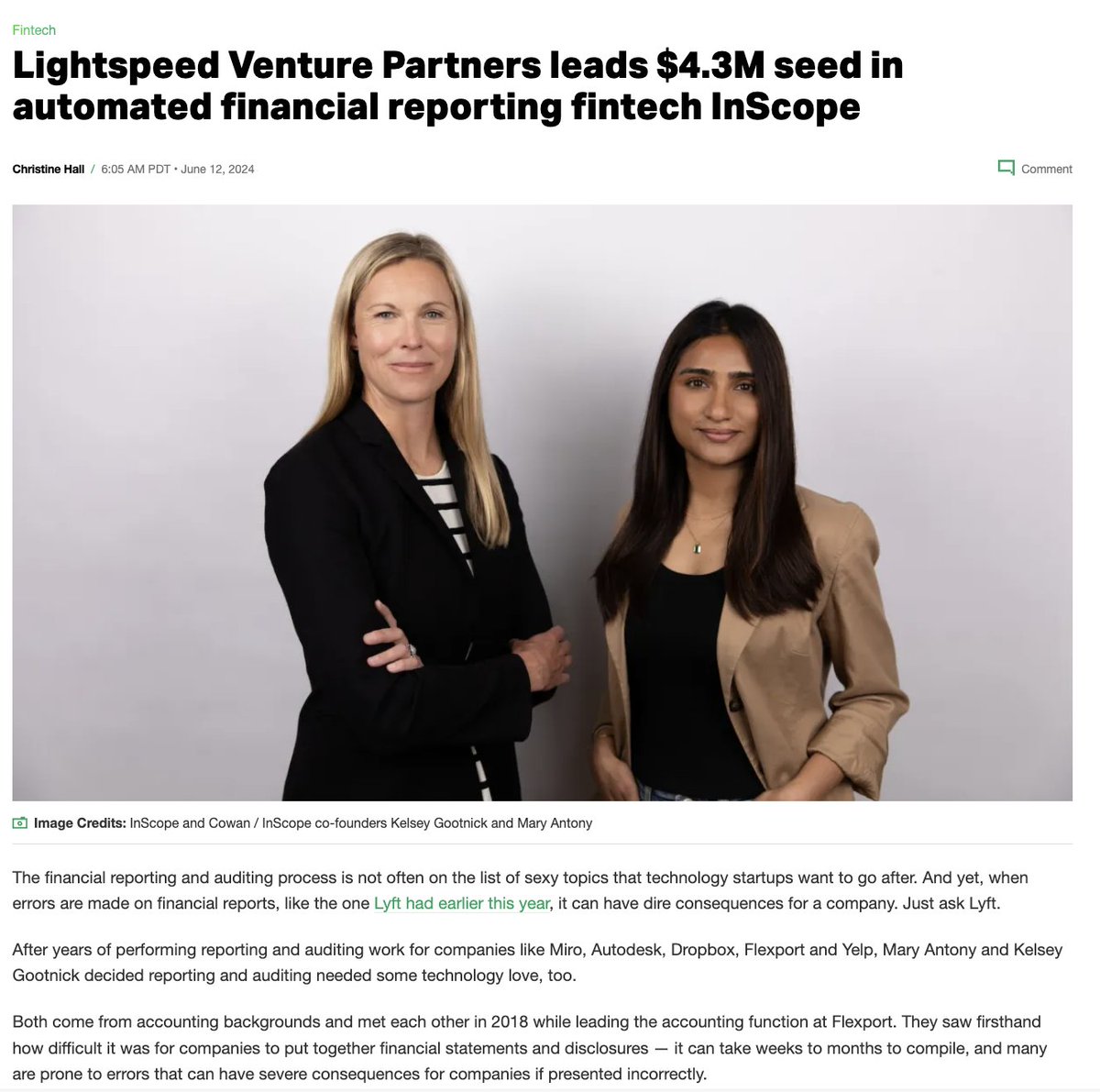 Really excited to announce that our friends at Lightspeed led the seed round at InScope, which was part of our accelerator, <a href="/TheMint_vc/">Themint</a>. 

Mary and Kelsey are solving a problem they faced when leading accounting and finance teams: generating GAAP-compliant financial statements,