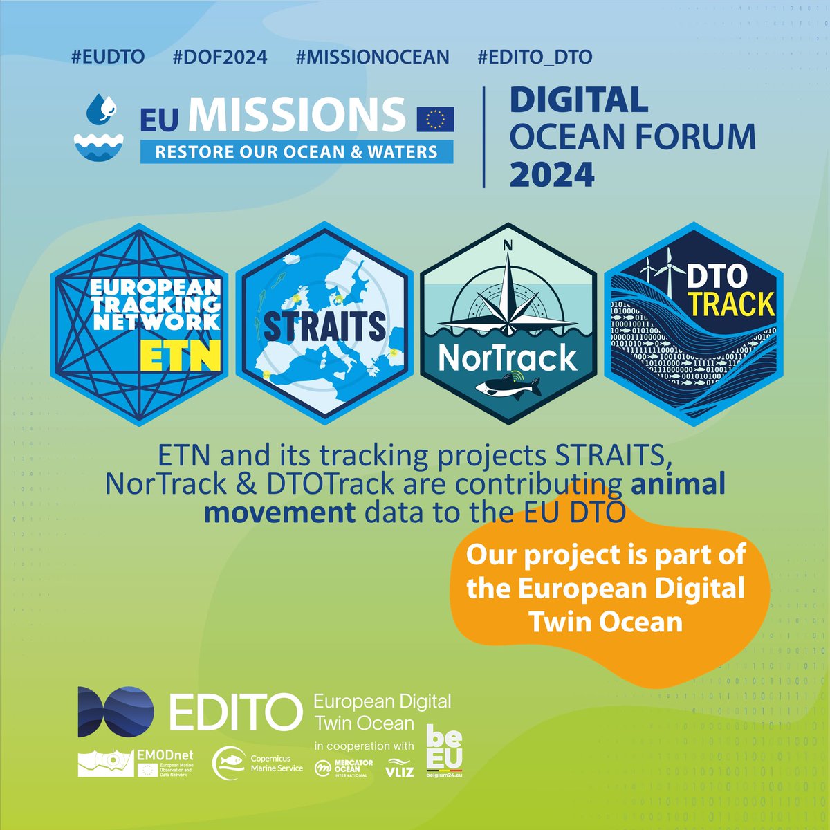 ETN is thrilled to contribute its animal movement data to the European Digital Twin of the Ocean via the #STRAITSproject, #NorTrack &amp; #DTOTrack!  🐟🦈

#DOF2024 #EUDTO #MISSIONOCEAN
