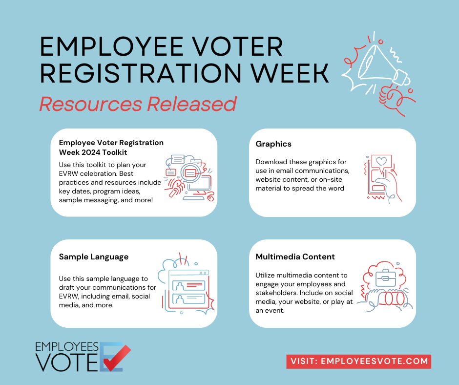 EmployeesVote's tweet image. Are you ready for it? Employees Vote just launched our 1st round of EVRW resources. Get access to our best practices &amp;amp; resources to plan your celebrations. 

Resources include: 
✅2024 Toolkit 
✅Graphics &amp;amp; Video content 
✅Sample language 

Access now: employeesvote.com/2024-resources