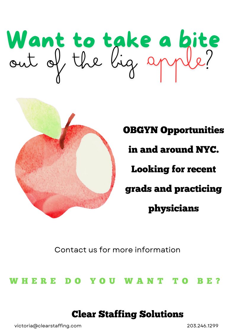 Looking to move to #NYC or a new opportunity? We have several clients looking for #OBGYN #physicians immediately. Contact us for more information. #wheredoyouwanttobe #recruiting #recruitinghealthcare #recruitingphysicians #physicianjobs