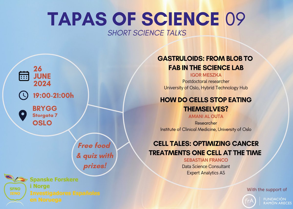 We are thrilled to announce the 9th edition of TAPAS OF SCIENCE! 🔬 🌮 

📆 Join us next Wednesday 26th of June at Brygg, Oslo. 

We will have three short talks with free food 😋 and a quiz with prizes 🏆

Everyone is welcome! No registration needed.