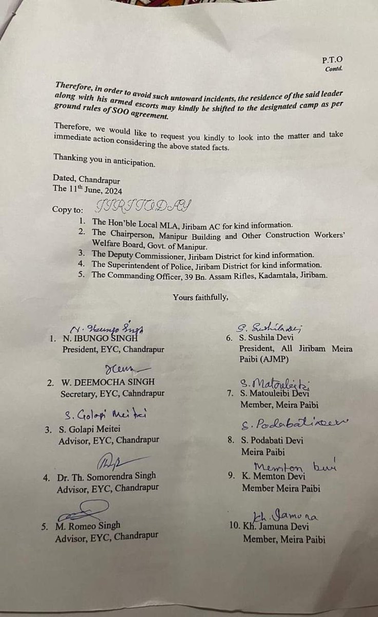 ‼️Disturbing allegation by #Meiteis of #Jiribam, #Manipur against Assam Rifles <a href="/dgar/">dgar</a> in memorandum to CM <a href="/NBirenSingh/">N. Biren Singh</a>, later submitted to 39 AR CO and local DC.

‼️Assam Rifles installed barbed wire obstructing Meiteis from moving out and ask them to leave their homes.