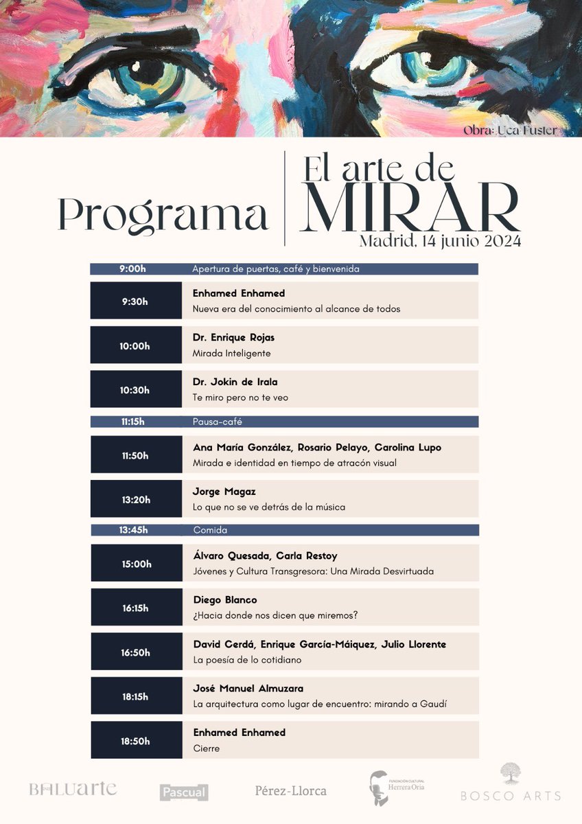 Fundación Bosco Arts (@boscoarts) on Twitter photo Os compartimos (¡por fin!) el programa oficial del evento.
👁️Podéis apuntaros online en: fundacionboscoarts.org/pages/congreso
Contaremos con la presencia de
<a href="/EGMaiquez/">Eنr¡que G-Máiquez</a> <a href="/davidcerdag/">David Cerdá</a> <a href="/JulioLlorente4/">Julio Llorente</a> <a href="/DR_ENRIQUEROJAS/">ENRIQUE ROJAS</a> <a href="/CarlaRestoy/">Carla Restoy ن</a> <a href="/Enhamed/">Enhamed</a> <a href="/jokindeirala/">Jokin De Irala</a> Os compartimos (¡por fin!) el programa oficial del evento.
👁️Podéis apuntaros online en: fundacionboscoarts.org/pages/congreso
Contaremos con la presencia de
<a href="/EGMaiquez/">Eنr¡que G-Máiquez</a> <a href="/davidcerdag/">David Cerdá</a> <a href="/JulioLlorente4/">Julio Llorente</a> <a href="/DR_ENRIQUEROJAS/">ENRIQUE ROJAS</a> <a href="/CarlaRestoy/">Carla Restoy ن</a> <a href="/Enhamed/">Enhamed</a> <a href="/jokindeirala/">Jokin De Irala</a>