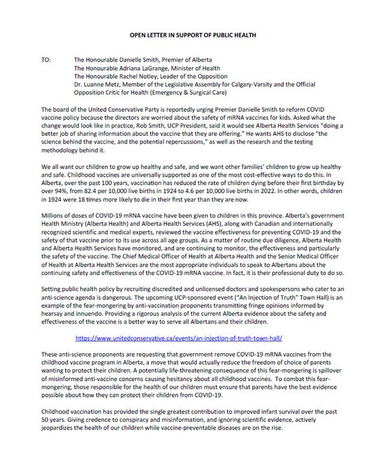CaulfieldTim's tweet image. See Open Letter in Support of Public Health – signed by over 125 interdisciplinary experts from across Alberta – in response to the UCP "Injection of Truth" anti-vaccine event. 

The letter, which was organized by the Edmonton Zone Medical Staff Association (@EZMSA2), notes:…