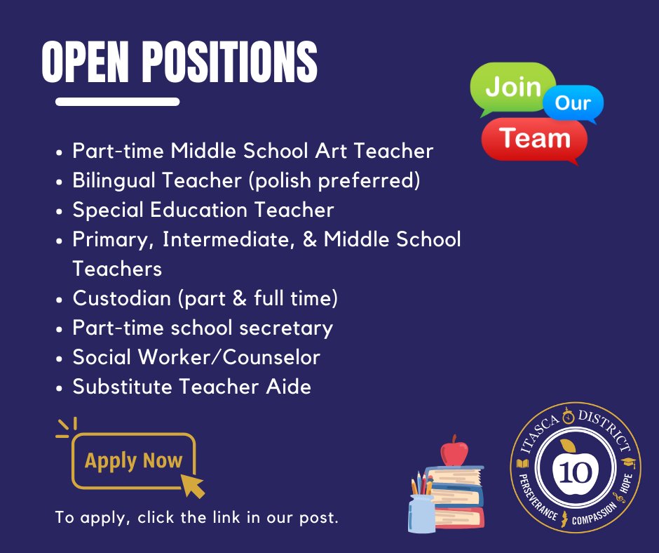 Join our District 10 family! We have various part and full-time positions currently available.  🍎

➡️ To Apply: applitrack.com/dupage/onlinea…

#WeAreItasca10
