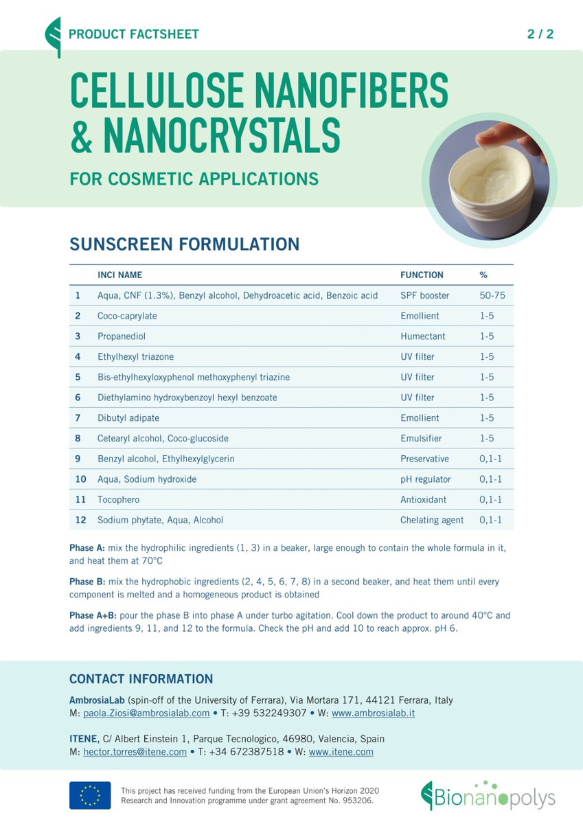 bionanopolys's tweet photo. 🎉 Our first success story is finally here!
Learn in our factsheet below the possibilities and advantages of using #bionanomaterials in #cosmetics, such as sunscreen ☀️
#SucessStories
@itene @CENTI_PT @ambrosialab @PZiosi96443 @aitex_es @Bioref_Cluster https://t.co/RK9dfMNwd3