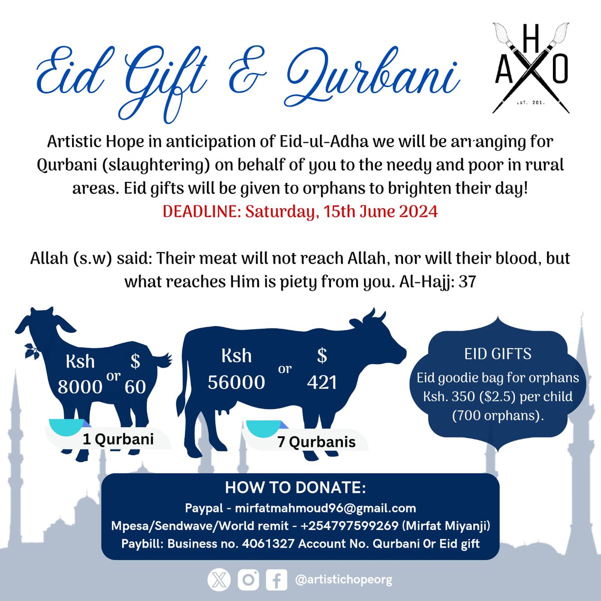 Qurbani &amp; Eid gift
Reminder to donate:
Goat 1 share @ Ksh8000
Cow 7 shares @ Ksh56000
700 orphans Eid @ Ksh350 (427 remain)
Paybill 4061327 Ac Qurbani or Eid gift

Kindly share widely 🙏🏼