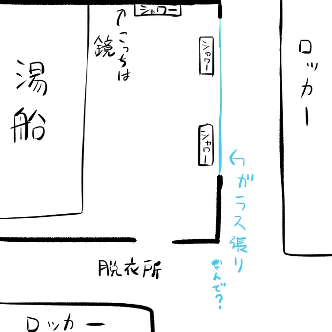 舞鶴の宿の浴場、シャワーの前がガラス張りで"変"だなあって思いながら頭洗ってたら、いつの間にか脳化さんがガラスの向こう側で仁王立ちしてて完全に修学旅行だったという話 