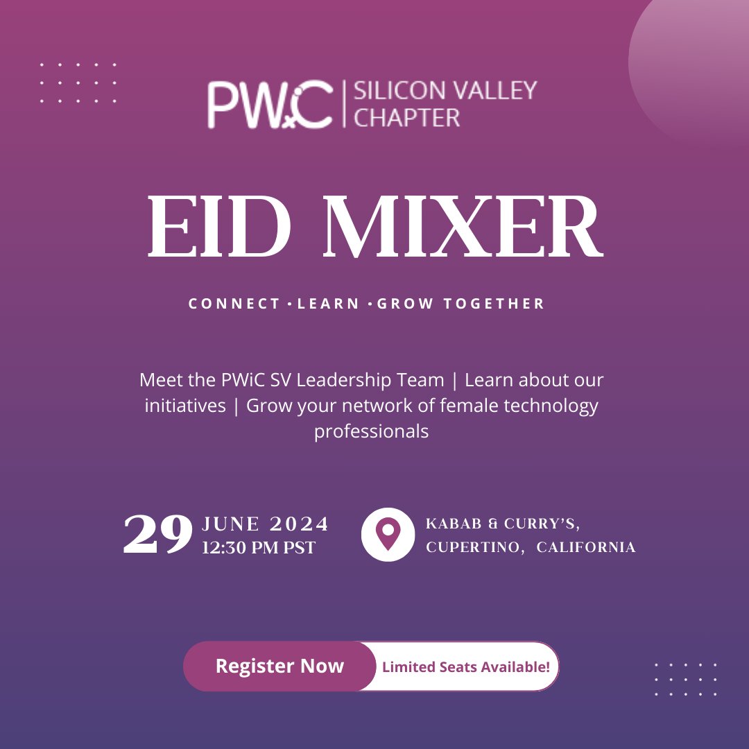 Put on your best desi attire and join PWIC SCV's Eid Mixer! We're excited to celebrate Eid, network with industry leaders, and connect with the community.

📅 Date: June 29th
🕰   Time: 12:30 PM
📍 Location: Kabab &amp; Curry’s

Register today at: eventbrite.com/e/pakistani-wo…