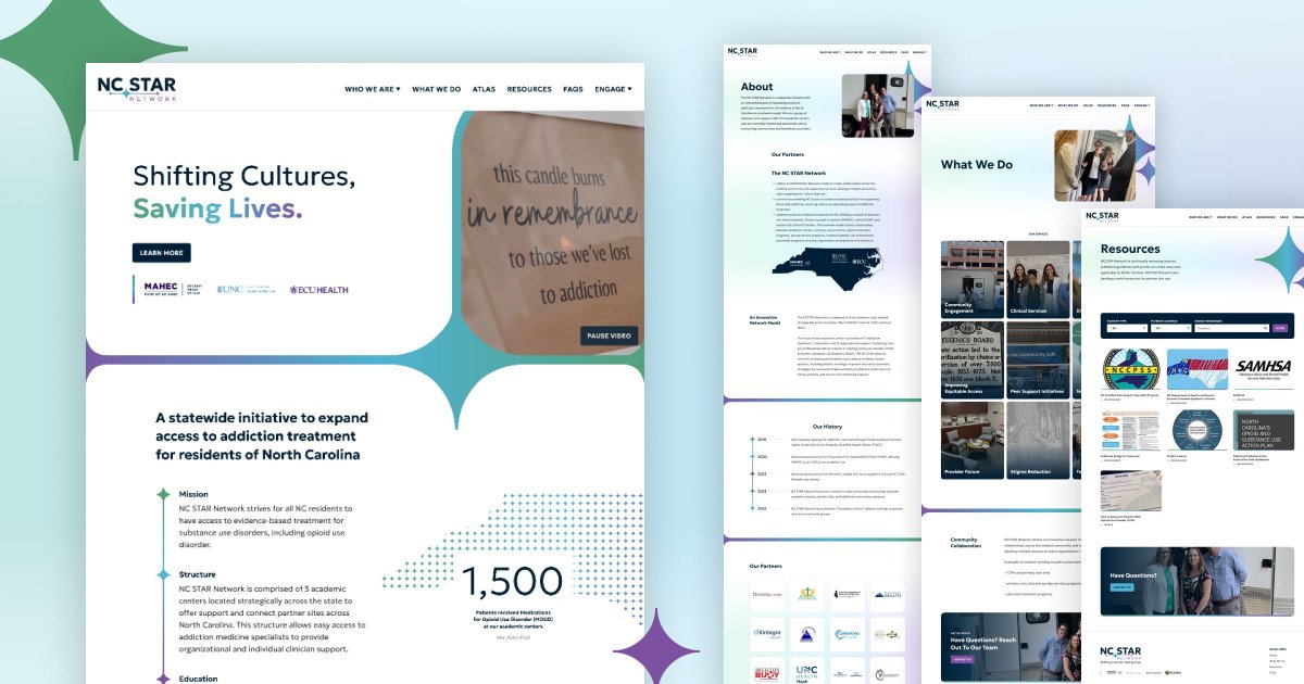 NC Star Network's new site features engaging graphics, filterable resources, and creative brand implementation, all aimed to educate users about their initiative to expand access to addiction treatment for North Carolina residents. Check out the site at ncstarnetwork.org
