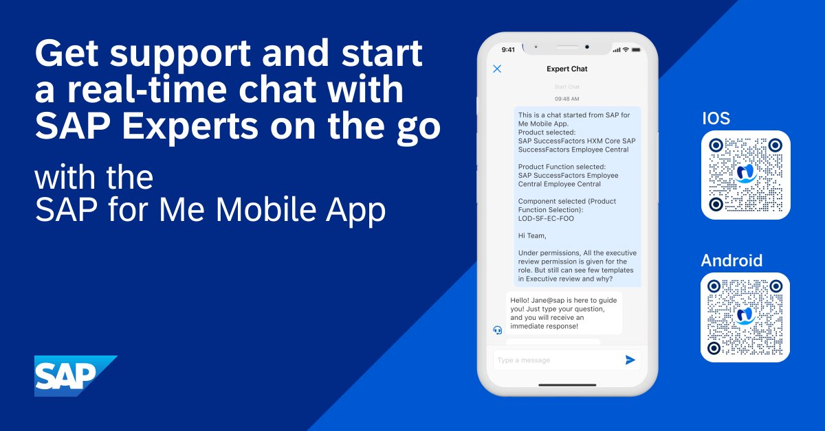 Need SAP Support in real-time? The #SAPforMe Mobile App is your solution! Connect with SAP Experts through chat or raise cases to get the help you need, wherever you are.

iOS App Store Download: imsap.co/60125caYn

Google Play Store Download
imsap.co/60135caYX