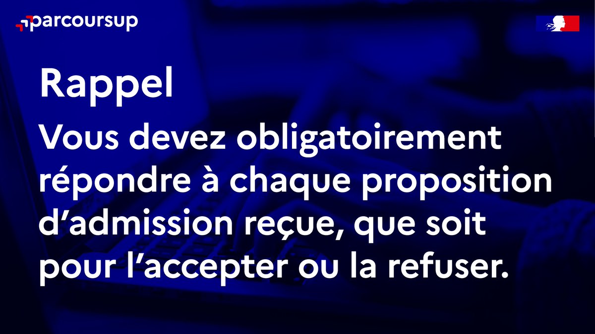 RAPPEL
👉 Vous devez répondre à chaque proposition d'admission reçue en respectant la date indiquée dans votre dossier.

❌ Si la proposition ne vous intéresse pas alors vous devez la refuser.

Si vous ne répondez pas, vos vœux en attente seront considérés comme abandonnés.