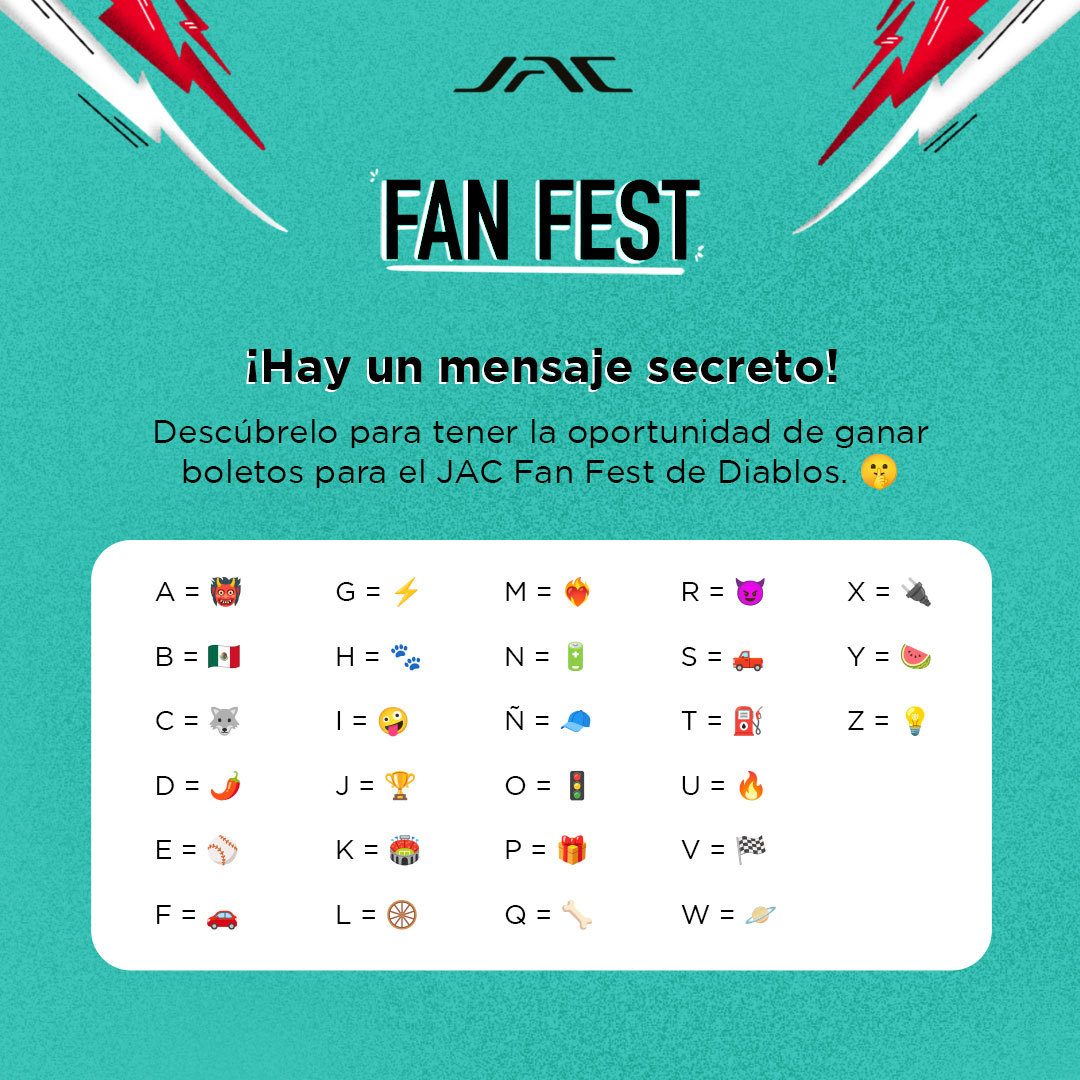 JACMotorsMX's tweet photo. ¡Celebra con nosotros el #DíaDelPadre en el #JACFanFest!🎉👨‍👧‍👦 

Descifra el mensaje secreto y asegura tus boletos para celebrar junto a los @DiablosRojosMX este 16 de junio en el #EstadioAlfredoHarpHelú.⚾️🔥 

¡No te quedes fuera!🎟️🔍

#JACalaDiabla #JACMéxico https://t.co/ovyZsHFdJd
