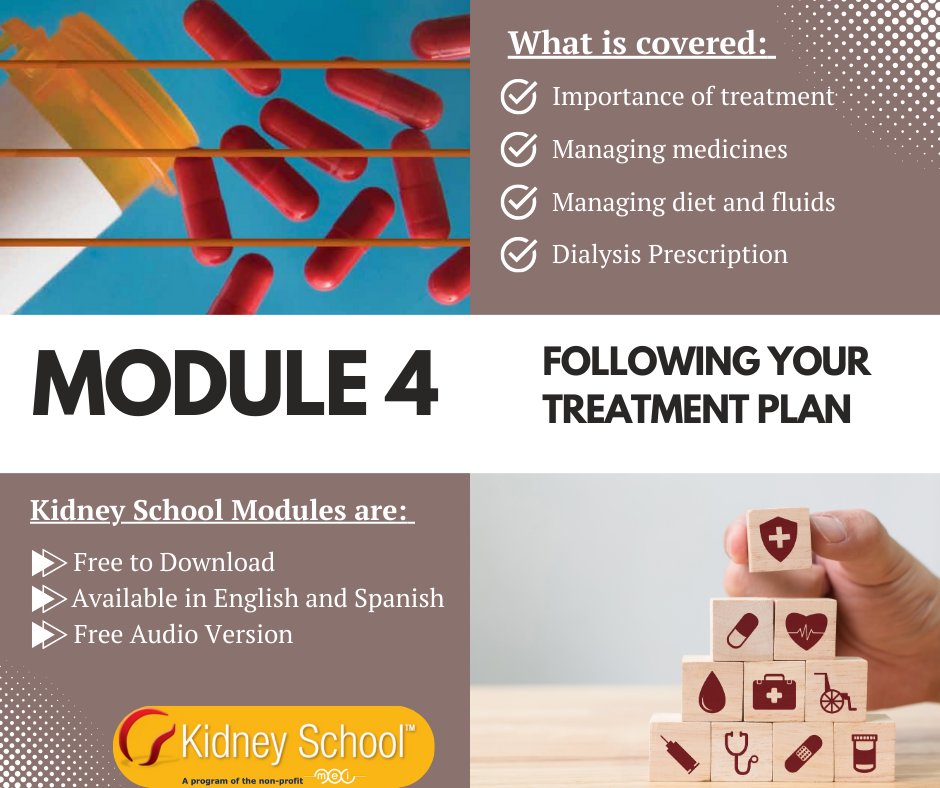Every day, with every meal and every medication, you make choices that can affect your health outcomes. Learn the how's and why's of following your medications, meal plans, fluids, and—for people on dialysis—dialysis treatments.
kidneyschool.org/m04/#/