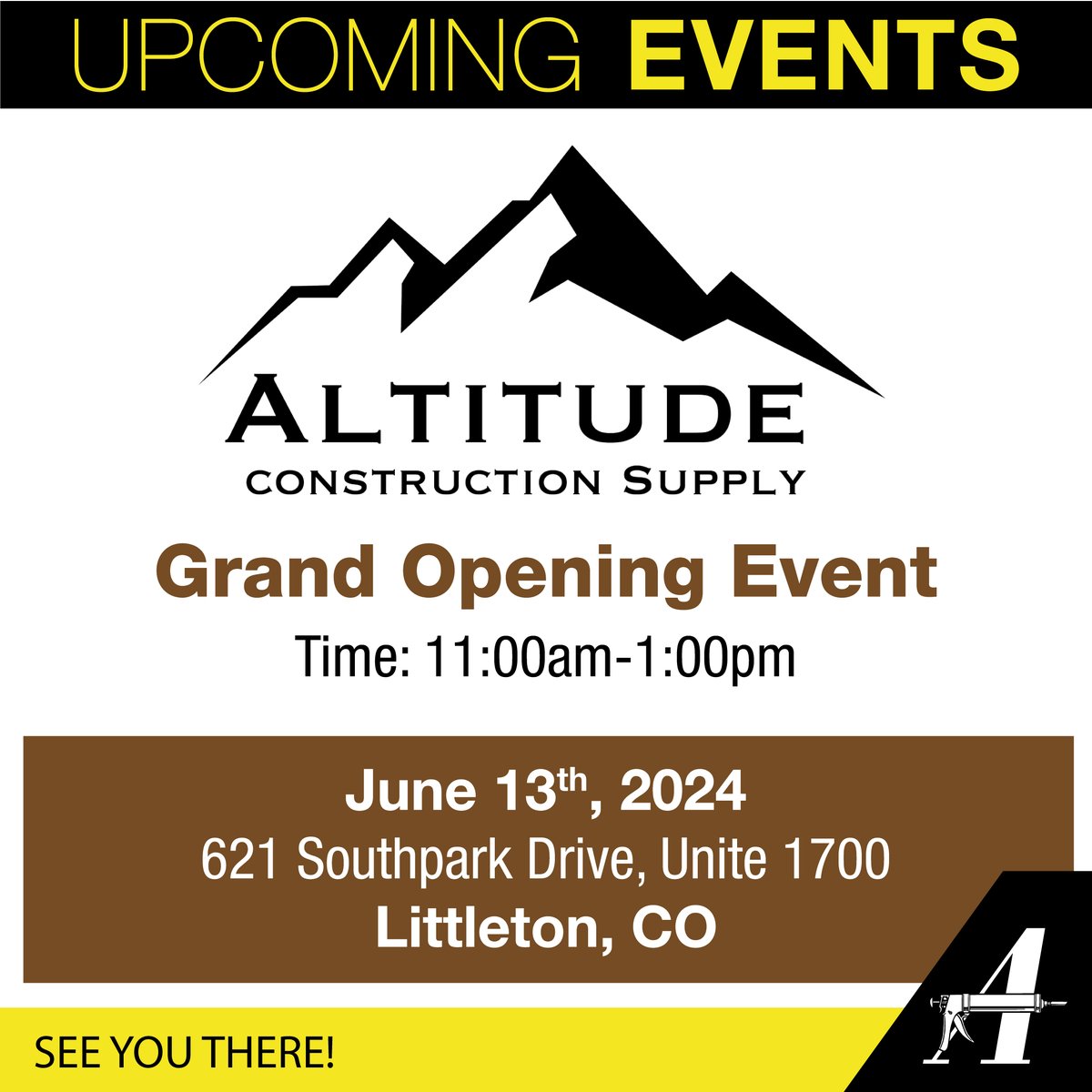 AlbionEngCo's tweet image. Join us tomorrow at Altitude Construction Supply's Grand Opening in Littleton, CO from 11:00am to 1:00pm.  
#distibutor #vendordays #grandopening #upcomingevents #tradeevents #education #sealant #adhesive #caulkingprofessionals #toolsofthetrade #wedispensethat #albioneng