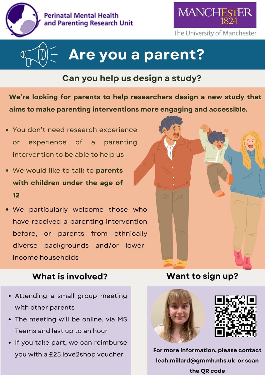 Perinatal Mental Health & Parenting Research Unit (@primeru3) on Twitter photo Are you a parent? We're looking for people to help us design a new study about parenting interventions.
If you're interested and eligible, please read our poster below and contact our Research Associate, Leah Millard at Leah.Millard@gmmh.nhs.uk Are you a parent? We're looking for people to help us design a new study about parenting interventions.
If you're interested and eligible, please read our poster below and contact our Research Associate, Leah Millard at Leah.Millard@gmmh.nhs.uk