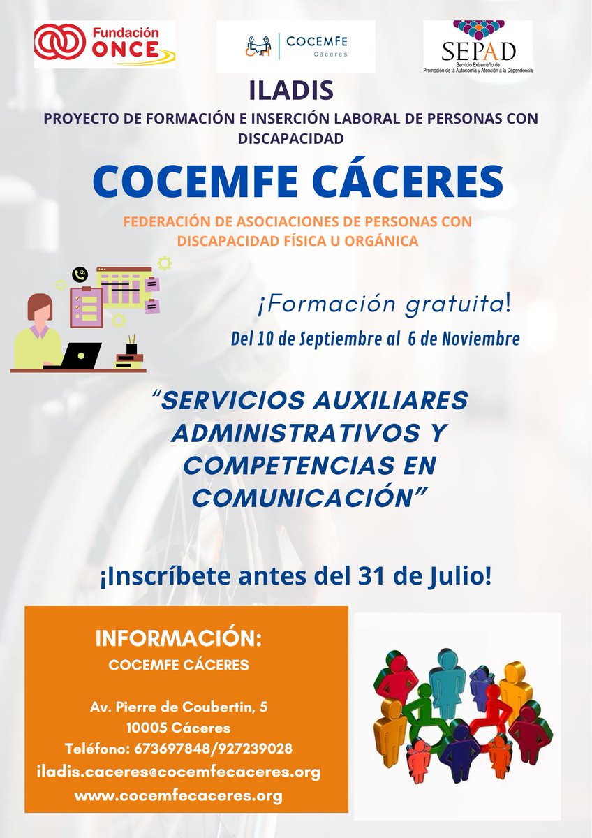 Desarrollamos el curso de "Operaciones Auxiliares de Servicios Administrativos y Competencias en Comunicación” en el que se formará a doce personas con discapacidad. Más información en: cocemfecaceres.org/?q=node/404