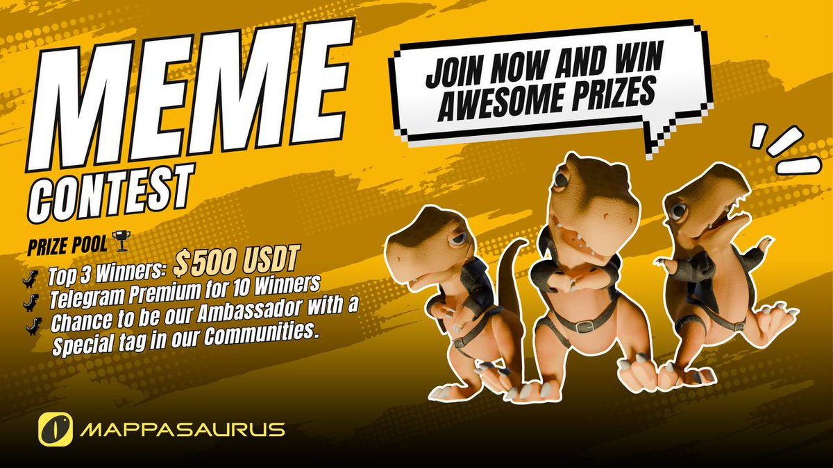 🔥 We’re celebrating 100k Gamers and want you to join the fun, Create your funniest and creative memes about #Crackasaurus and win amazing prizes.

🏆 Prizes:

🔝 Top 3: Share of 💲500 USDT
🎁 10 Lucky Winners gets Telegram Premium Subscription 
👨‍💻 Chance to be our Ambassador and