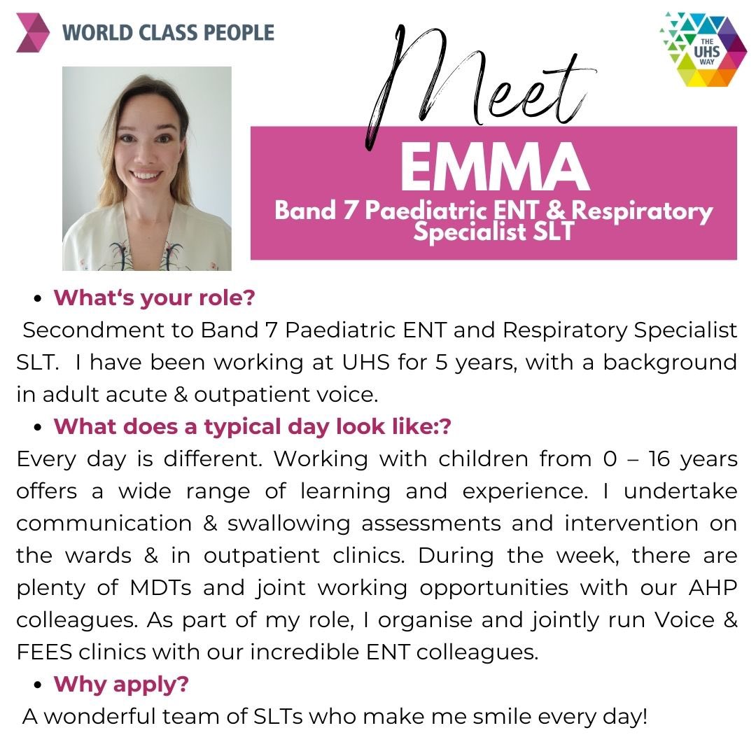 UHS_SLT's tweet photo. 🔔 We have a great opportunity for an experienced SLT in our @UHS_Paeds_SLT team for a B7 Paeds ENT &amp; Respiratory SLT: https://t.co/QfpIg6AQtu
Closing date: 24th June 2024
@UHS_Jobs @UHSFT @LondonPDCEN @RCSLT @SotonChildHosp 
Current post holder Emma on why to apply: https://t.co/fRakmZWb7W