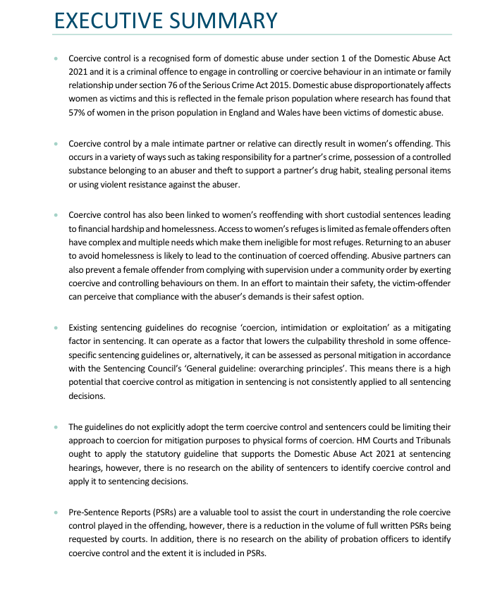 SentencingAcad's tweet photo. Research has found that 57% of women in prison in England and Wales have been victims of domestic abuse.

Our new paper by @bettinson_v of @NorthumbriaLaw examines the role of experience of coercive control as mitigation at sentencing.

Read the report: https://t.co/1MTdMp5hqN https://t.co/dryhvj2f18