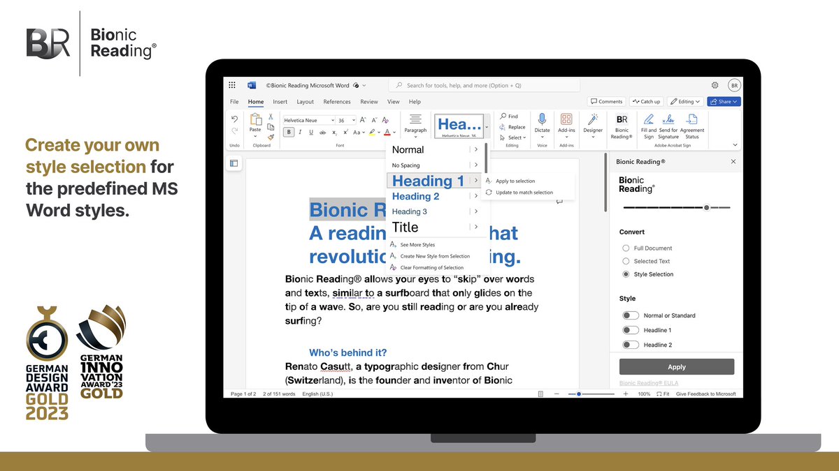 Completed. Proudly. Bionic Reading® Add-In for <a href="/Microsoft/">Microsoft</a> Word🔥

“Available soon” has just been converted to “Available now” by Bionic Reading®, so you can use our brand new product “Bionic Reading® Word Add-In” from now on.

For Windows and Mac
👉 bionic-reading.com
—
🇨🇭
—