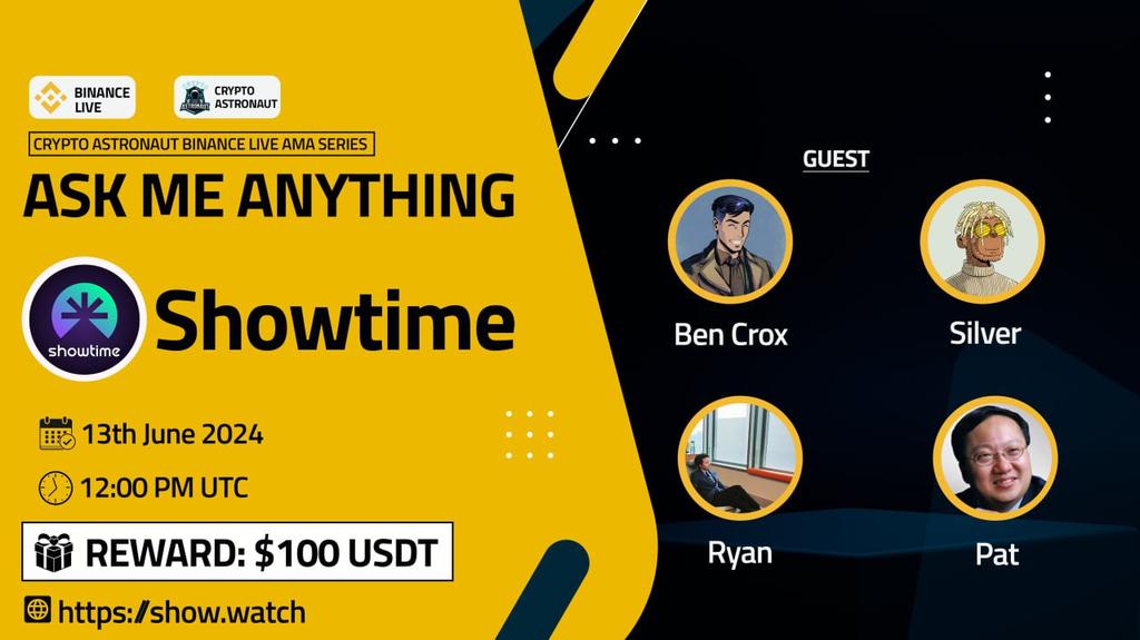 CryptoAs_TW's tweet image. We're thrilled to announce our next #AMA with"Showtime"on 13th June 2024 at 12:00 PM UTC 

🔶 𝗕𝗜𝗡𝗔𝗡𝗖𝗘 𝗟𝗜𝗩𝗘 🔶

🏠Venue: binance.com/en/live/u/4262…

🎁 Reward Pool: $100 USDT

🔰Rules
Follow @CryptoAs_TW &amp;amp; @SHOWTIME_WATCH

💠 Comment &amp;amp; Like,Retweet &amp;amp; Follow