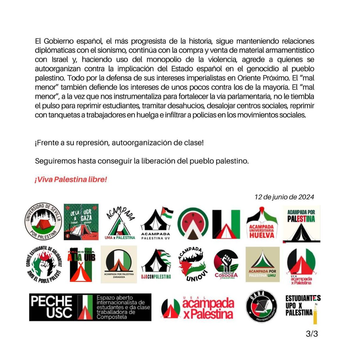 ‼️‼️COMUNICADO conjunto de las acampadas por Palestina contra la represión de un movimiento pacífico.