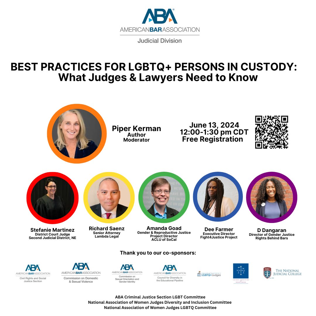 Happening Tomorrow: BEST PRACTICES FOR LGBTQ+ PERSONS IN CUSTODY: WHAT JUDGES &amp; LAWYERS NEED TO KNOW

Panelists will describe the issues and possible ramifications when members of the LGBTQ+ community are placed in custody. 

Register Today! - lnkd.in/e7pvu3EV